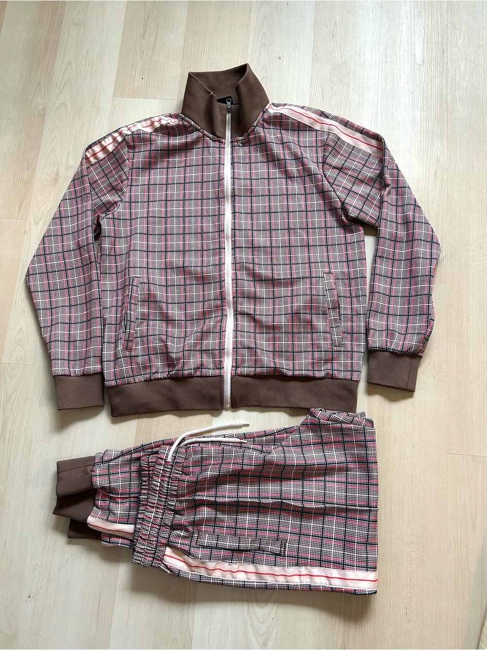 Plaid Track Joggers in Brown & Pink